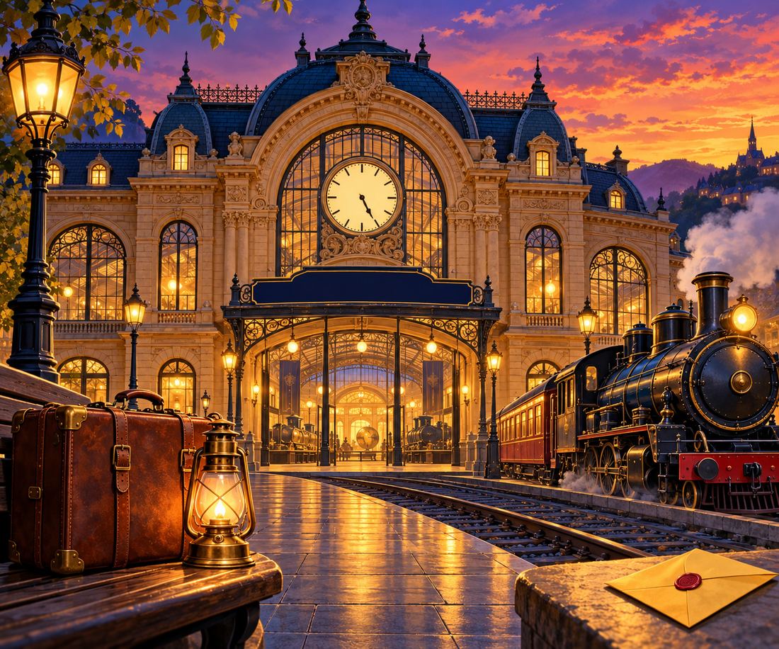 Estação de trem ao entardecer com um envelope amarelo lacrado sobre o muro: capa do PISTA 7