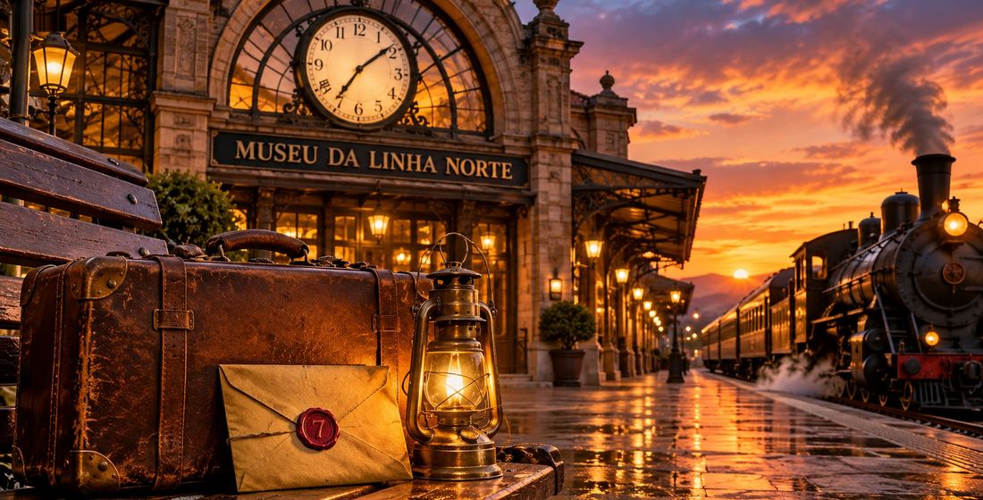 Mala, lampião e um envelope amarelo com o número 7 no selo de cera diante do Museu da Linha Norte, com um trem ao fundo